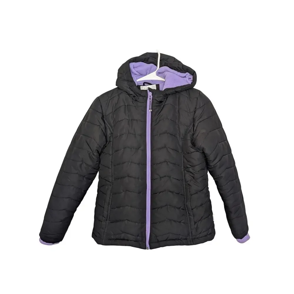 Magellan Outdoors Girls Coats, Black & Purple Fleece Lined Puffer Coat, Sz L